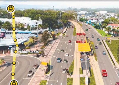  ??  ?? An artist’s impression of stage three of the Gold Coast light rail, which is now expected to be up and running as early as 2021.