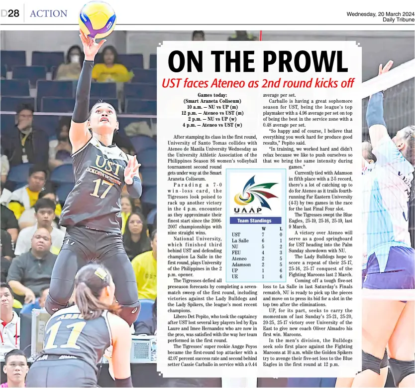  ?? PHOTOGRAPH COURTESY OF UAAP ?? ANGGE Poyos of UST continues to play heads and shoulders above the opposition in Season 86 UAAP volleyball tournament.