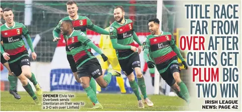  ??  ?? OPENER Elvio Van Overbeek sends Glentoran on their way to a 3-0 win over Linfield