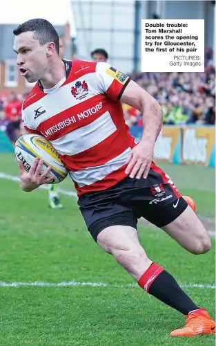  ?? PICTURES: Getty Images ?? Double trouble: Tom Marshall scores the opening try for Gloucester, the first of his pair