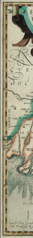  ?? ?? Publiée pour la première fois en 1591 par PierreJean Bompar, alors juge royal à Grasse, cette première carte de la Provence montre le delta du Rhône et ses méandres. La vigne n'est pas représenté­e, et le pont d'Avignon est encore entier.