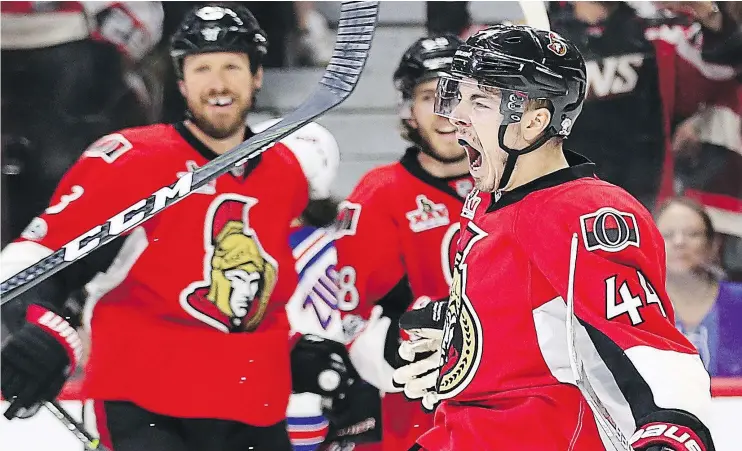  ?? — WAYNE CUDDINGTON/POSTMEDIA NEWS ?? Ottawa’s Jean-Gabriel Pageau celebrates one of his four goals against New York during Game 2 of their series on Saturday in Ottawa.