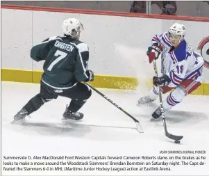  ?? JASON SIMMONDS/JOURNAL PIONEER ?? Summerside D. Alex MacDonald Ford Western Capitals forward Cameron Roberts slams on the brakes as he looks to make a move around the Woodstock Slammers’ Brendan Bornstein on Saturday night. The Caps defeated the Slammers 6-0 in MHL (Maritime Junior...