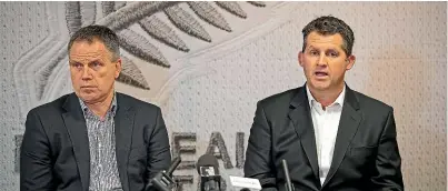  ?? LAWRENCE SMITH/ STUFF ?? New Zealand Football president Deryck Shaw, left, and former chief executive Andy Martin. There are still many questions that need to be raised about the running of the game in this country.
