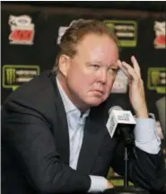  ?? TERRY RENNA — THE ASSOCIATED PRESS ?? In this Nov. 19, 2017, file photo, Brian France, NASCAR Chairman, ponders a question during a news conference at Homestead-Miami Speedway in Homestead, Fla. NASCAR chairman Brian France has been arrested in New York’s Hamptons for driving while intoxicate­d and criminal possession of oxycodone.