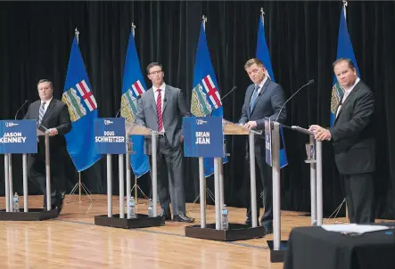  ?? GAVIN YOUNG ?? United Conservati­ve Party leadership candidates, from left, Jason Kenney, Doug Schweitzer, Brian Jean and Jeff Callaway face off Wednesday.