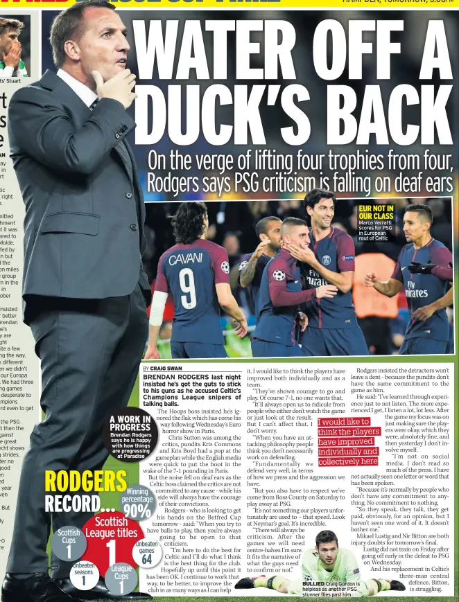  ??  ?? Celts’ Stuart Armstrong A WORK IN PROGRESS Brendan Rodgers says he is happy with how things are progressin­g at Paradise Marco Verratti scores for PSG in European rout of Celtic BULLIED Craig Gordon is helpless as another PSG stunner flies past him