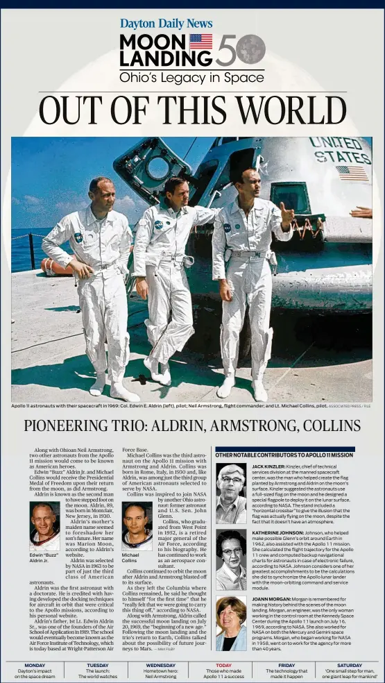  ?? ASSOCIATED PRESS / FILE ?? Apollo 11 astronauts with their spacecraft in 1969: Col. Edwin E. Aldrin (left), pilot; Neil Armstrong, flight commander; and Lt. Michael Collins, pilot. Edwin “Buzz” Aldrin Jr. MONDAY TUESDAY Michael Collins WEDNESDAY TODAY JACK KINZLER: FRIDAY SATURDAY