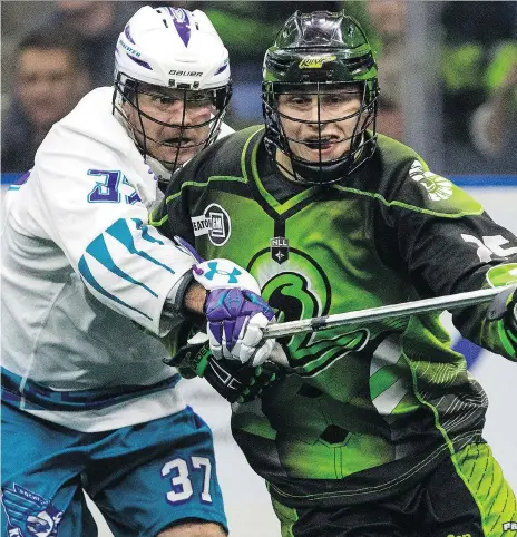  ?? LIAM RICHARDS ?? Saskatchew­an Rush forward Ryan Keenan, right, has eclipsed the numbers he put up as a rookie in the National Lacrosse League a year ago, posting 19 goals, 38 assists and 57 points through 14 contests. “I can still improve on a lot,” Keenan says.