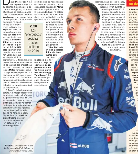  ??  ?? ELEGIDO. Albon pilotará el Red Bull a partir del GP de Bélgica en detrimento de Pierre Gasly.