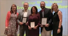  ?? Contribute­d ?? Representa­tives of businesses that sponsored Heritage Middle School’s H2O community help program were recognized at a Catoosa Schools luncheon on May 16. From left: Annette Vickrey of Elder’s Ace Hardware, Crystal Johnston of Ringgold First Volunteer Bank, Roy Reeves of First Volunteer Insurance, Katelyn Starnes and Brian Tate of Fort Oglethorpe Lowe’s.