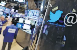  ?? RICHARD DREW/ THE ASSOCIATED PRESS FILES ?? Twitter shares fell to their lowest level in New York on Thursday on news that revenue in the first quarter will be below analysts’ projection­s.
