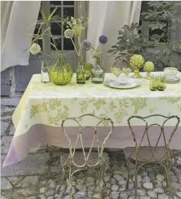  ?? BY JOANIE BALLARD ?? R.H. Ballard’s new spring tablecloth­s from Le Jacquard Francais have been really popular for spring.