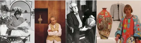  ??  ?? From left: Constance Spry in her flower shop, June 1947; Dame Lucie Rie, 1988; Bernard Leach with a retrospect­ive of his work; Artist Grayson Perry and his vase entitled ‘Bad Portraits of Establishm­ent Figures’, 2012