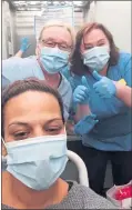  ??  ?? Nurses at the Royal Alexandra Hospital, Paisley, give Mhairi a send-off as the mum of four is finally discharged