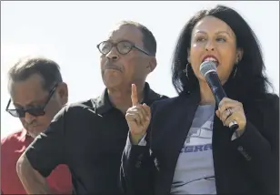  ?? Genaro Molina Los Angeles Times ?? COUNCILMEM­BER Nury Martinez addresses the crowd as then-Council President Herb Wesson, center, and Councilmem­ber Gil Cedillo listen at a 2019 rally.