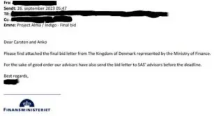  ?? ?? Her ses mailen, hvor Finansmini­steriet afleverer sit endelige bud på SAS kl. 5.47 dansk tid og kl. 23.47 på den amerikansk­e østkyst. Foto: Screendump fra aktindsigt