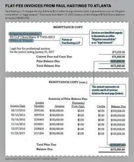  ??  ?? Paul Hastings LLP charged the city of Atlanta $675,000 for services listed in general terms such as litigation consultati­on or legal research from August 2016 to January 2017, according to documents obtained by the AJC.