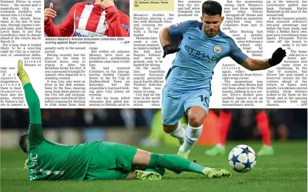  ?? AFP ?? Monaco goalkeeper Danijel Subasic tries to stop Manchester City striker Sergio Aguero in their Champions League Round of 16 first leg match at the Etihad Stadium in Manchester on Tuesday.