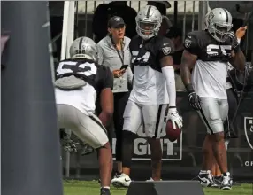  ?? Heidi Fang Las Vegas Review-journal @Heidifang ?? Raiders inside linebacker Brandon Marshall, center, with middle linebacker Marquel Lee, left, and outside linebacker Vontaze Burfict at training camp on Monday.
