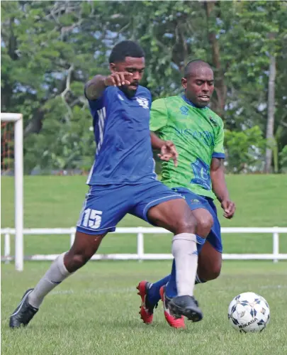  ?? Photo:Fiji FA ?? Kasavu FC captain Setareki Hughes on attack against Greenstar during the NCC final at Lawaqa Park Sigatoka on January 17,2021 .