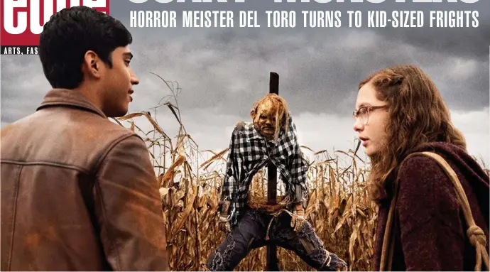  ??  ?? BOO: Michael Garza and Zoe Margaret Colletti confront a disturbing scarecrow in ‘Scary Stories to Tell in the Dark.’