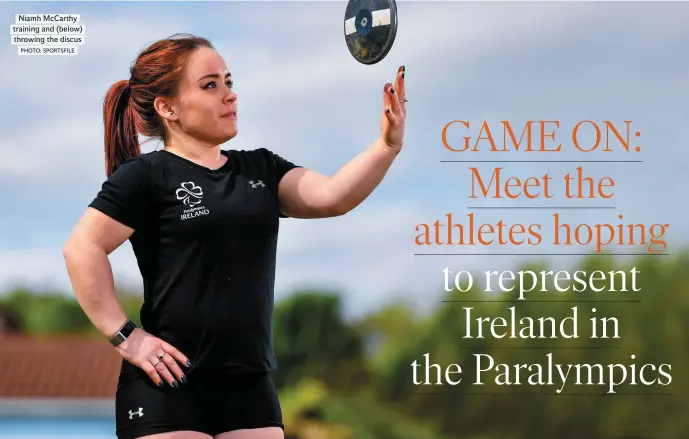  ?? PHOTO: SPORTSFILE ?? Niamh McCarthy training and (below) throwing the discus