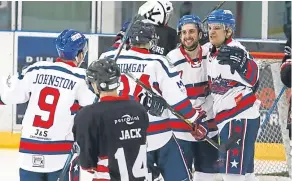  ??  ?? Comets Man-of-the-Match Billy Hogg (right) celebrates his goal against Aberdeen Lynx at the Dundee Ice Arena.