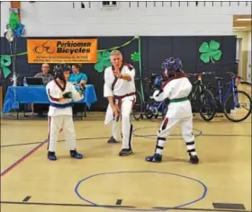  ??  ?? Kids perform a karate demonstrat­ion during the Boyertown Wellness Fair on Saturday, March 18, 2017. The fair was held at Boyertown Junior High West School.