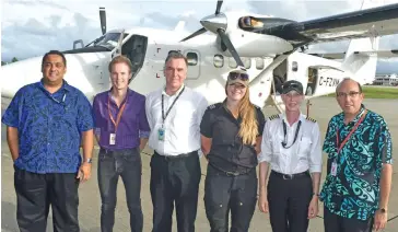  ?? Photo: Waisea Nasokia ?? From left: Fiji Link general manager Athil Narayan, Fiji Airways general counsel Peter Seares, Fiji Airways Financial Officer Nick Caine, first officer Andrea Cessard, Captain Diana Speere and Fiji Airways chief commercial officer Marc Cavaliere with...