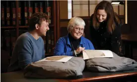  ?? Photograph: Chris Bellew/ Fennell Photograph­y ?? Dr Daniel Patterson, Prof. Jane Ohlmeyer and Dr Bronagh McShane in the National Archives of Ireland viewing records from the Court of Chancery