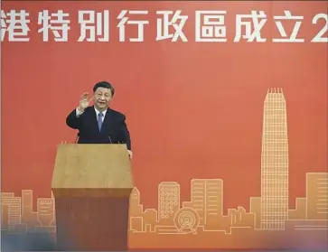  ?? Selim Chtayti Pool Photo ?? “AS LONG as we unwavering­ly uphold ‘one country, two systems,’ Hong Kong will surely have an even brighter future,” Chinese President Xi Jinping said upon arrival. Critics say it’s not “two systems” anymore.