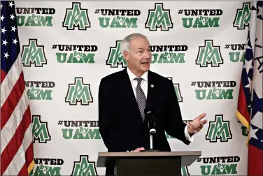  ??  ?? Gov. Asa Hutchinson speaks Wednesday Aug. 12 in Monticello during his daily COVID-19 briefing at the University