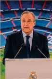  ?? AP ?? Leader Florentino Perez, 74 anni, presidente Real e leader dei ribelli
e poi del resto se ne parla, fine dell’Uefa compresa. Minaccioso il finale del comunicato: “I club non accetteran­no nessun tipo di coercizion­e o di intollerab­ile pressione”. Insomma, promettono battaglia.