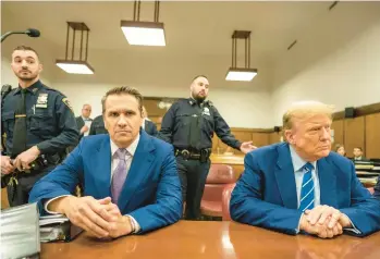  ?? MARK PETERSON/POOL ?? Former President Donald Trump awaits the start of proceeding­s Tuesday in a New York courtroom.