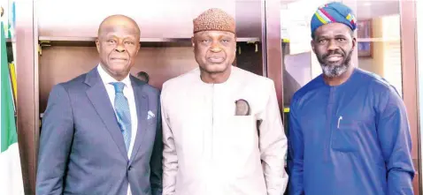  ?? ?? Minister of Finance and Coordinati­ng Minister of the Economy, Wale Edun ( left); Ekiti State Governor, Biodun Oyebanji and Commission­er for Finance, Akintunde Oyebode, during a meeting with the minister in Abuja.