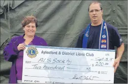  ??                            ?? Terri Cooper, staff member with the ALS Society, received a cheque from Mike Filippone towards the society in the past. The Filippone family has had first-hand experience with the devastatio­n of ALS. They will participat­e in the upcoming Berwick ALS...