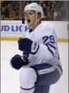  ?? MARY SCHWALM, THE ASSOCIATED PRESS ?? Toronto Maple Leafs William Nylander celebrates after scoring one of his three goals in Saturday’s 6-5 win over the Boston Bruins.