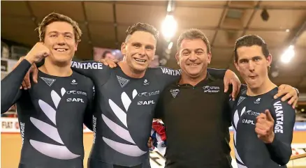  ?? GETTY ?? From left, Ethan Mitchell, Eddie Dawkins, head sprint coach Anthony Peden and Sam Webster celebrate winning gold in the men’s team sprint race at the Cycling World Championsh­ips in London in 2016. Peden ‘‘always wanted what was best for us’’, Dawkins says.
