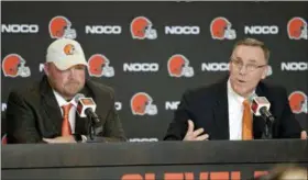  ?? TONY DEJAK — THE ASSOCIATED PRESS ?? Browns general manager John Dorsey, right, speaks while Freddie Kitchens listens during a news conference Jan. 14 in Cleveland.