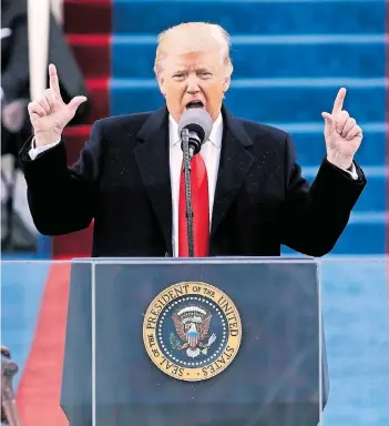  ?? FOTO: AP ?? US-Präsident Donald Trump bei seiner Rede zur Amtseinfüh­rung.