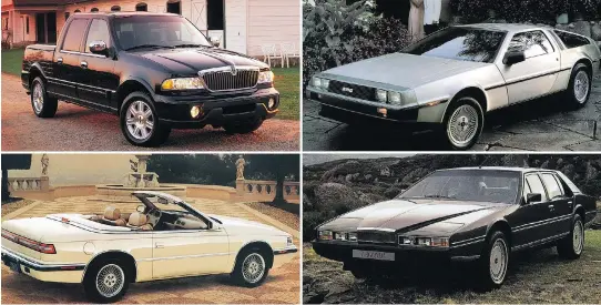  ??  ?? Clockwise, from top left: the Lincoln Blackwood, the DeLorean DMC-12, the Aston Martin Lagonda and the Chrysler TC by Maserati.