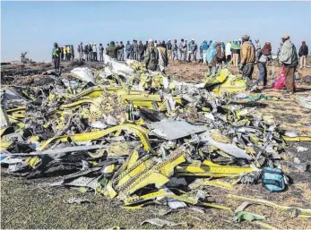  ?? FOTO: AFP ?? Überreste der verunglück­ten Boeing am Absturzort rund 60 Kilometer südlich von Addis Abbeba: Der Flugzeugty­p rückt in den Fokus – und bekommt Flugverbot in einigen Ländern.