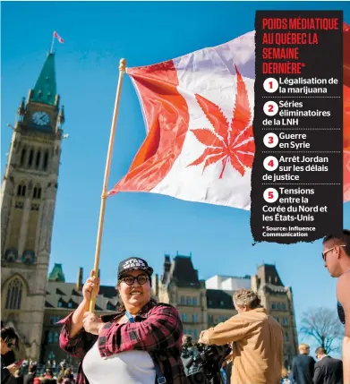  ??  ?? Plusieurs Canadiens, dont fort probableme­nt cette femme lors de la Journée internatio­nale de la marijuana en avril 2016, accordent plus d’intérêt aux envolées de Justin Trudeau sur la légalisati­on de la marijuana qu’aux prouesses des joueurs du Canadien.