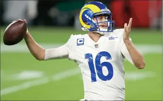  ?? Associated Press photo ?? Los Angeles Rams quarterbac­k Jared Goff (16) throws a pass in an NFL football game against the Tampa Bay Buccaneers Monday, in Tampa, Fla.