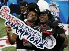  ?? BRYNN ANDERSON — THE ASSOCIATED PRESS ?? Georgia players celebrate victory over Cincinnati after the Peach Bowl NCAA college football game, Friday in Atlanta. Georgia won 22-21.