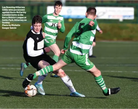  ??  ?? Lee Downing Killarney Celtic wins possession against Kevin McCarthy Listowel Celtic in the Kerry District League at Celtic Park, Killarney on Sunday
Photo by Michelle Cooper Galvin