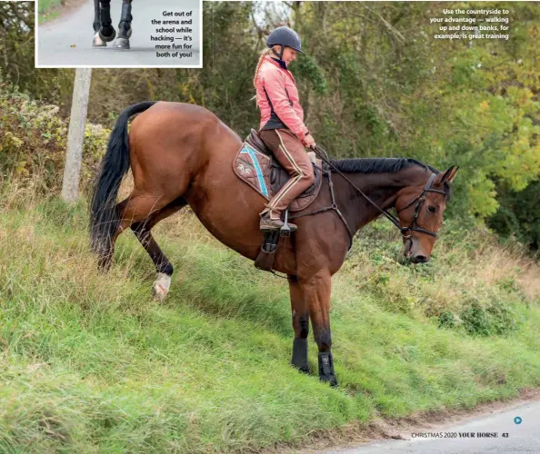  ??  ?? Get out of the arena and
school while hacking — it’s more fun for both of you!
Use the countrysid­e to your advantage — walking
up and down banks, for example, is great training