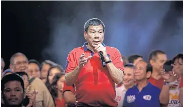  ?? EPA ?? Philippine president-elect Rodrigo Duterte speaking to supporters during a rally in Manila, Philippine­s, on May 7.