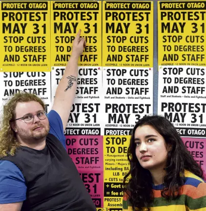  ?? PHOTO: PETER MCINTOSH ?? Taking action . . . Protect Otago Action Group members Tyler West and Rhona Aran prepare to protest University of Otago staff cuts they warn will also impact students and the wider community.